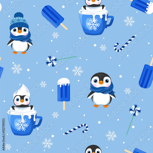 Seamless Pattern with cute cartoon Christmas penguins and ice cream on a blue background. For decoration textile, packaging.