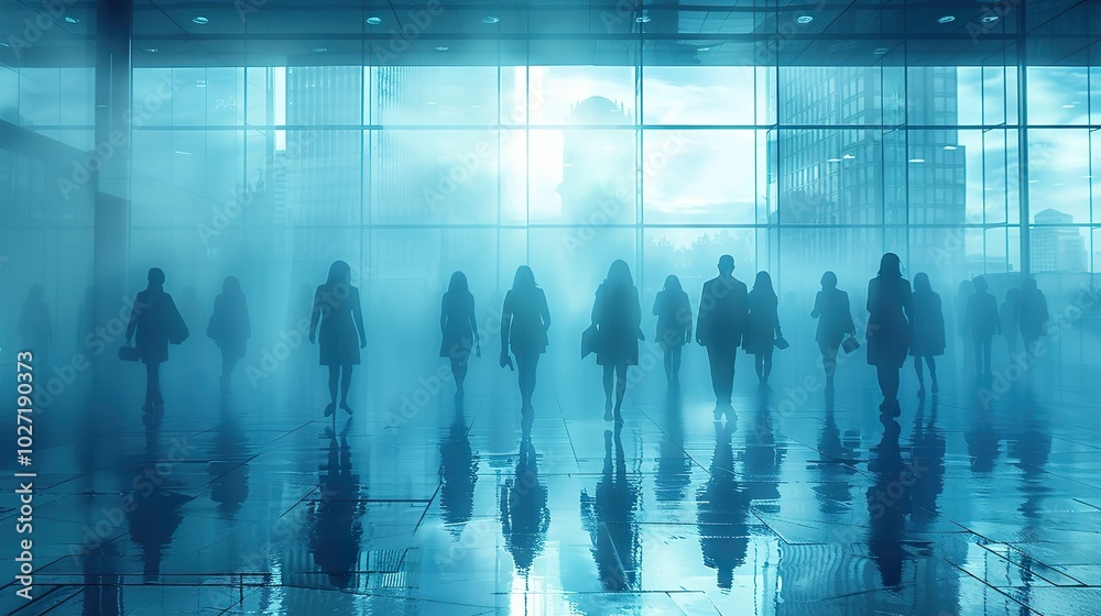 Silhouettes of People Walking Through a Foggy Cityscape Silhouettes of People Walking Through a Foggy Cityscape