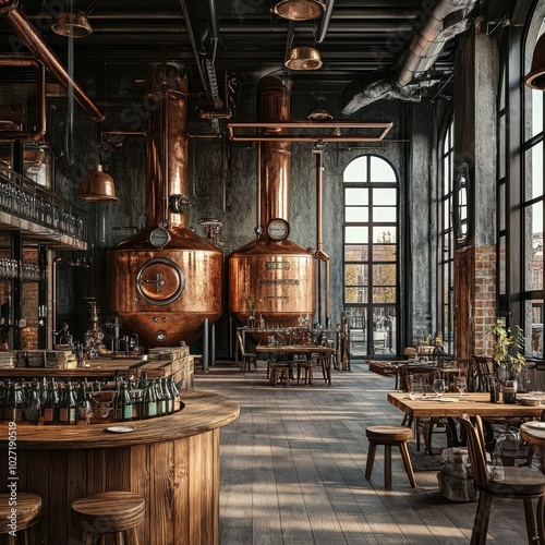 Brewery interior, copper brewing kettles, wooden decor, industrial vintage style photo