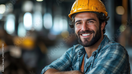 Close-up portrait of bearded male worker wearing safety helmet, intense focus, industrial background, confident and rugged appearance, professional in construction, manufacturing industry, workplace photo