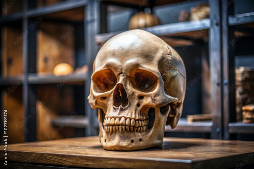 Realistic Human Skull Display in office