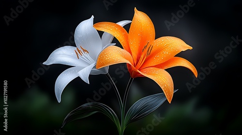 An intricate shot of two different species of flowers growing side by side in a garden, their petals touching, symbolizing friendship and compatibility. Ultra-Realistic, Photo Realistic,  #1027191580