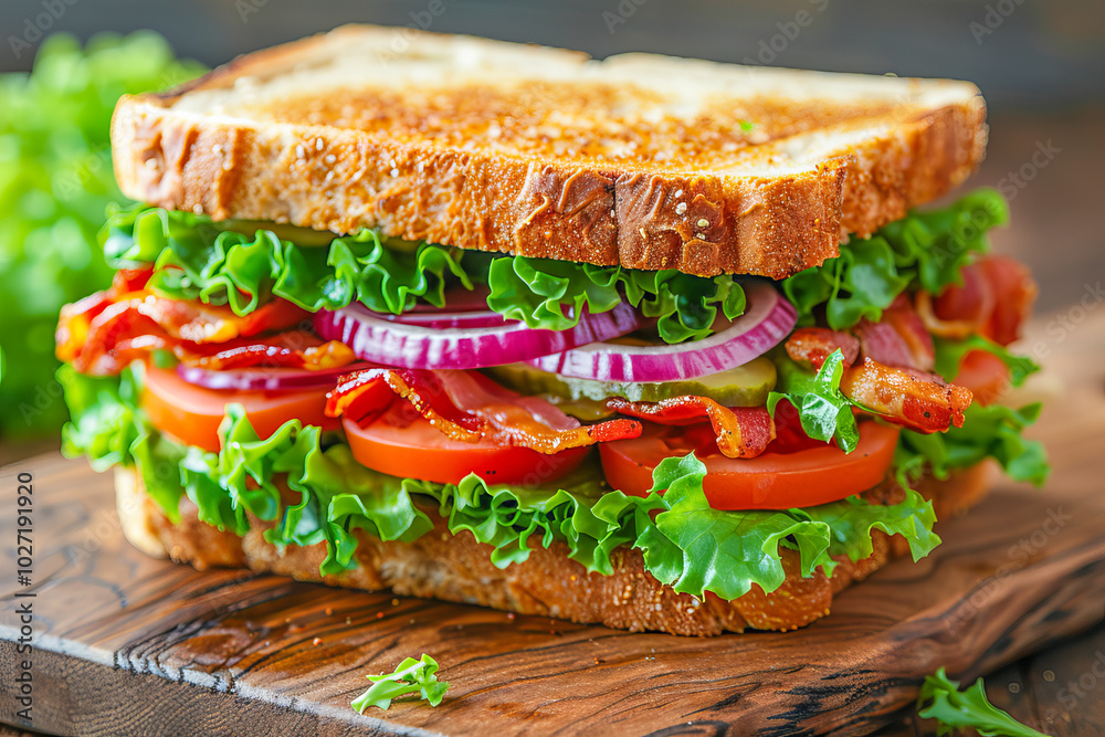 Delicious blt sandwich resting on wooden cutting board Delicious blt sandwich resting on wooden cutting board