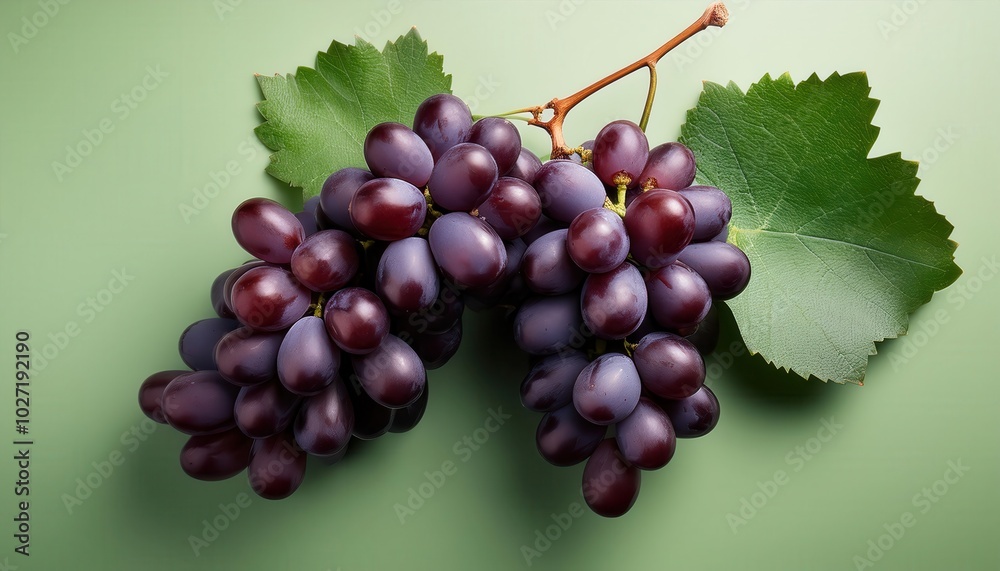 Fototapeta premium Close-up of Fresh Purple Grapes with Green Leaves on Pastel Background. Perfect for Vineyard Promotions, Organic Food Labels, or Wine Related Visuals