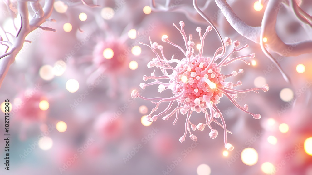A close-up of stylized, pink-hued cells surrounded by ethereal lighting, showcasing intricate details and a soft, dreamy atmosphere. A close-up of stylized, pink-hued cells surrounded by ethereal lighting, showcasing intricate details and a soft, dreamy atmosphere.