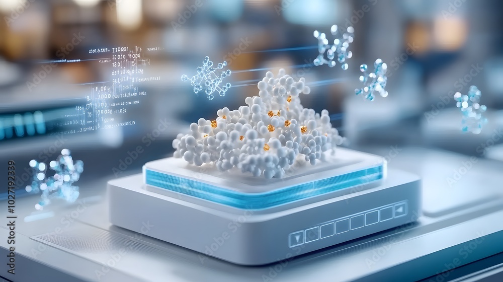 Fototapeta premium A futuristic depiction of molecular structures floating above a high-tech platform, illustrating advanced scientific concepts and digital interactions.