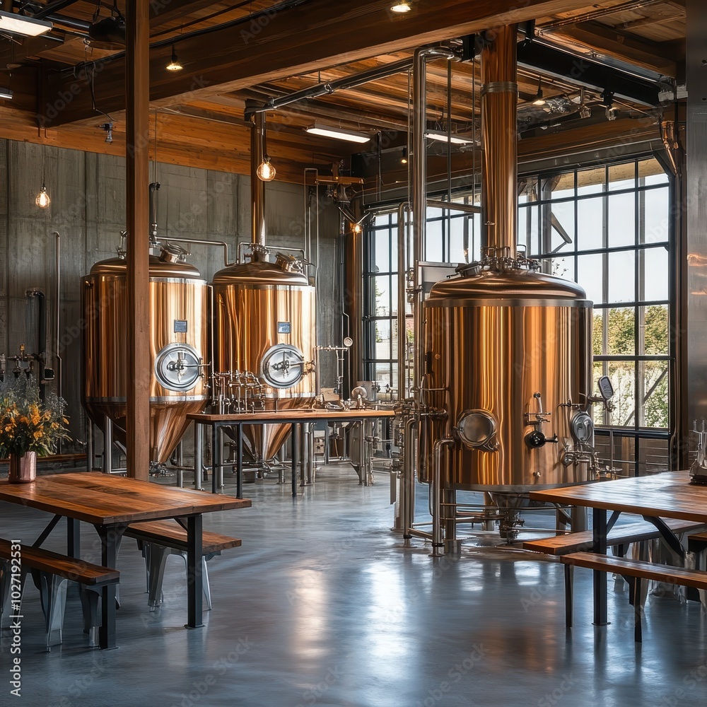 Fototapeta premium Industrial brewery setup, copper machinery, wooden furniture, handcrafted beer focus