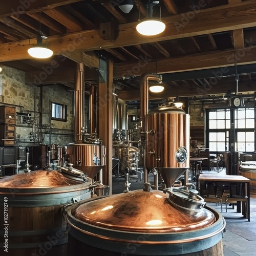 Rustic brewery, copper kettles, exposed beams, wooden barrels, authentic vibe photo