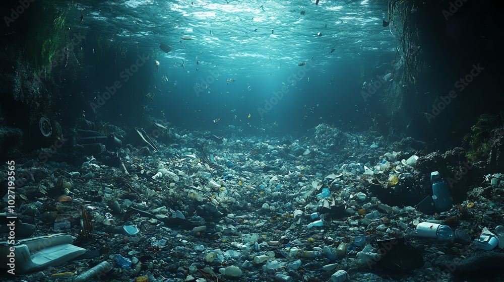 Fototapeta premium Underwater scene filled with marine debris