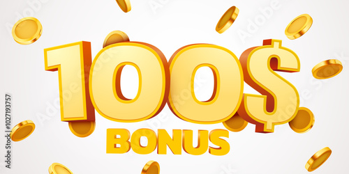 100 dollars bonus with podium and falling golden coins. Cashback or prize concept.