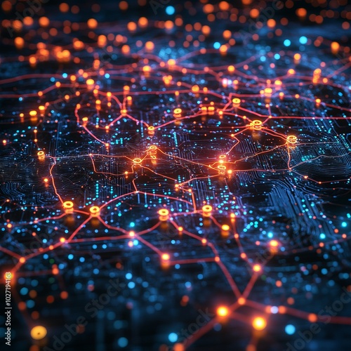 Abstract digital city map with glowing lines and dots.