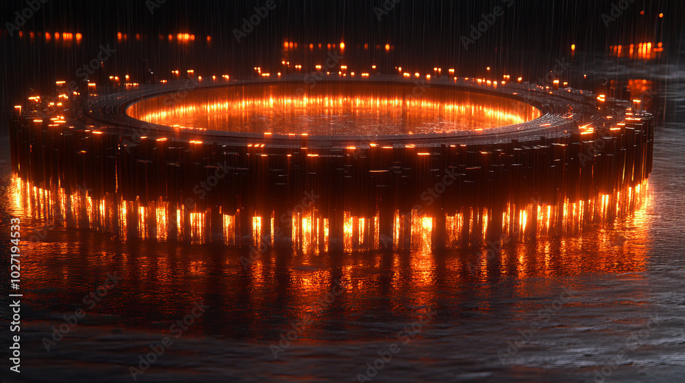 glowing circular structure surrounded by water creates mesmerizing atmosphere glowing circular structure surrounded by water creates mesmerizing atmosphere