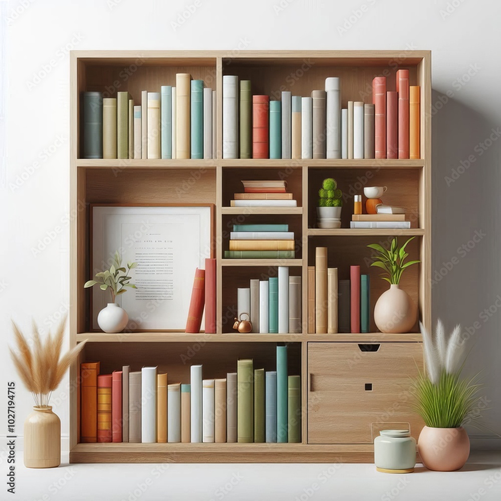 Wooden bookshelf filled with books, perfect for home or office interior design Wooden bookshelf filled with books, perfect for home or office interior design