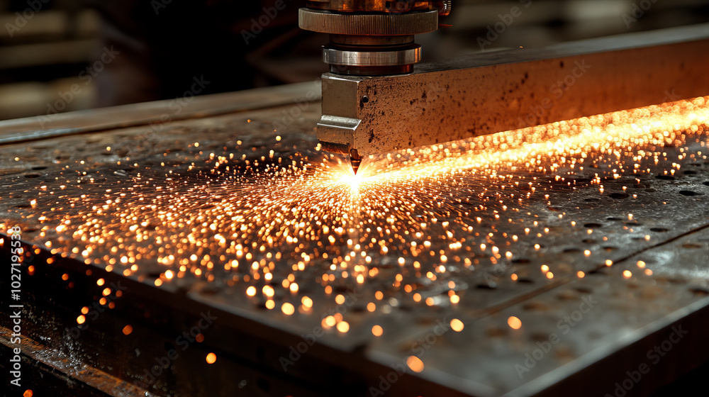 Cutting metal with laser, creating bright sparks and precision Cutting metal with laser, creating bright sparks and precision