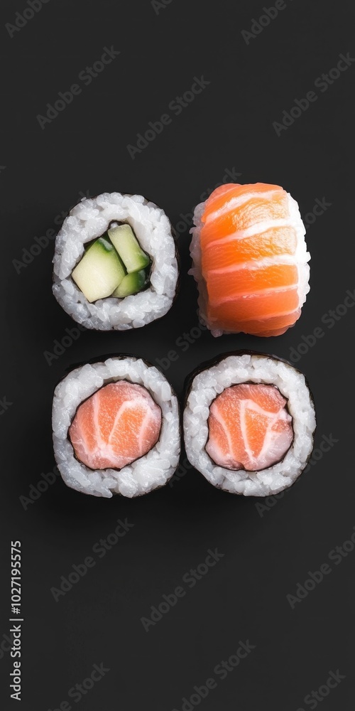 Four sushi rolls beautifully arranged on a black background Four sushi rolls beautifully arranged on a black background
