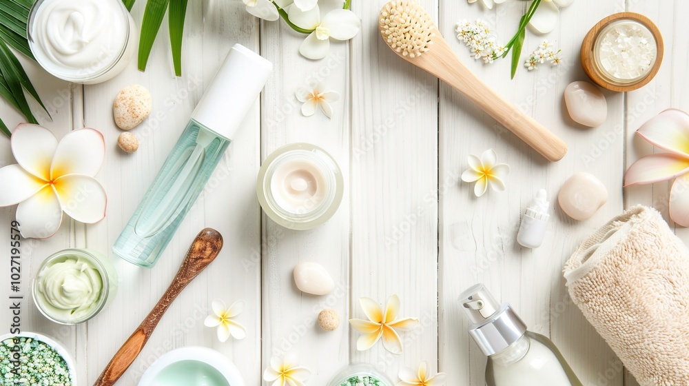 A serene spa setting with an aromatic theme featuring face creams incense and essential oils arranged on a white wooden table with room for additional image A serene spa setting with an aromatic theme featuring face creams incense and essential oils arranged on a white wooden table with room for additional image