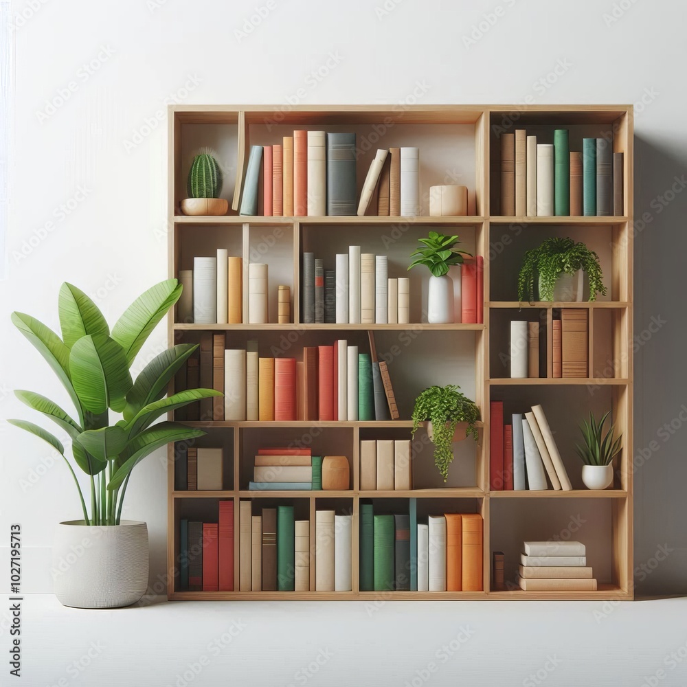 3D render of a wooden bookshelf filled with books isolated white background 3D render of a wooden bookshelf filled with books isolated white background