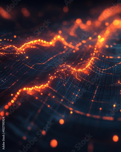 Abstract digital landscape with glowing orange lines and points.