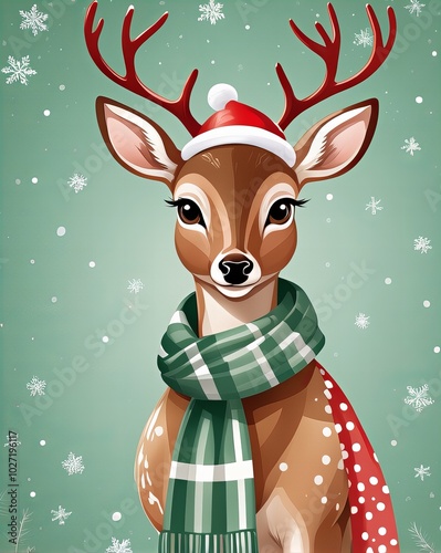 Fototapeta Naklejka Na Ścianę i Meble -  Renifer w czapce Mikołaja na zielonym tle, render 3D, antropomorficzna samica jelenia, antropomorficzny jeleń, antropomorficzny jeleń, samica antropomorficznego jelenia, uroczy render 3D