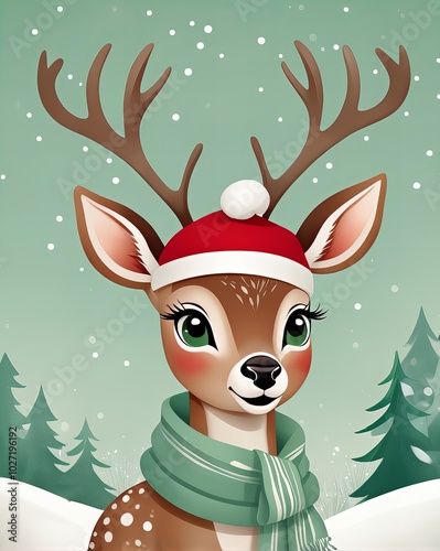 Fototapeta Naklejka Na Ścianę i Meble -  Renifer w czapce Mikołaja na zielonym tle, render 3D, antropomorficzna samica jelenia, antropomorficzny jeleń, antropomorficzny jeleń, samica antropomorficznego jelenia, uroczy render 3D