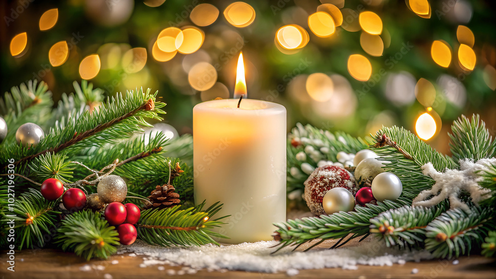 elegant white christmas candle surrounded by a lush green christmas tree, providing ample copy space for messages, bringing warmth and festive cheer to the atmosphere