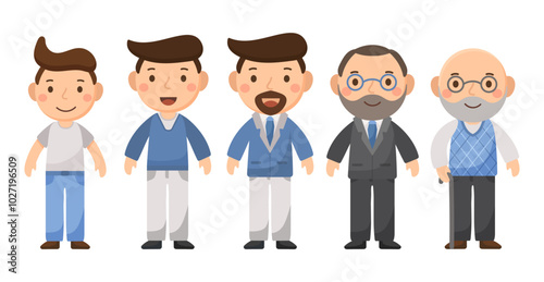 Set of characters in a flat style. Men characters, from a teenager to an elderly person , growing up male.