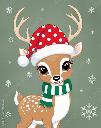 Fototapeta Naklejka Na Ścianę i Meble -  Ilustracja słodki mały jeleń w czapce Mikołaja i szaliku na ciemnozielonym tle, sztuka cyfrowa,  jeleń, antropomorficzny jeleń, samica antropomorficznego jelenia, łania