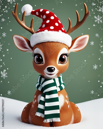 Fototapeta Naklejka Na Ścianę i Meble -  Ilustracja słodki mały jeleń w czapce Mikołaja i szaliku na ciemnozielonym tle, sztuka cyfrowa,  jeleń, antropomorficzny jeleń, samica antropomorficznego jelenia, łania