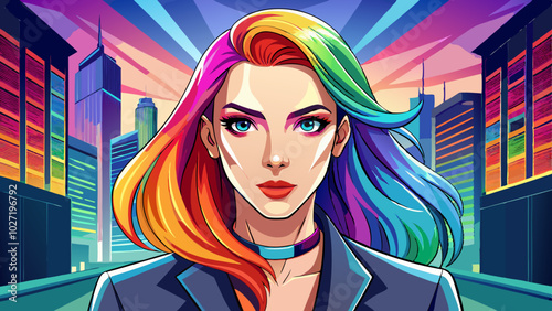 Close up vibrant portrait of a confident young woman with rainbowcolored hair in a sleek modern office bold contrasts urban chic empowered pose 