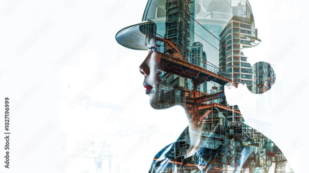 A construction worker gazes at an urban skyline during sunset, reflecting on her contribution to the city's development and growth