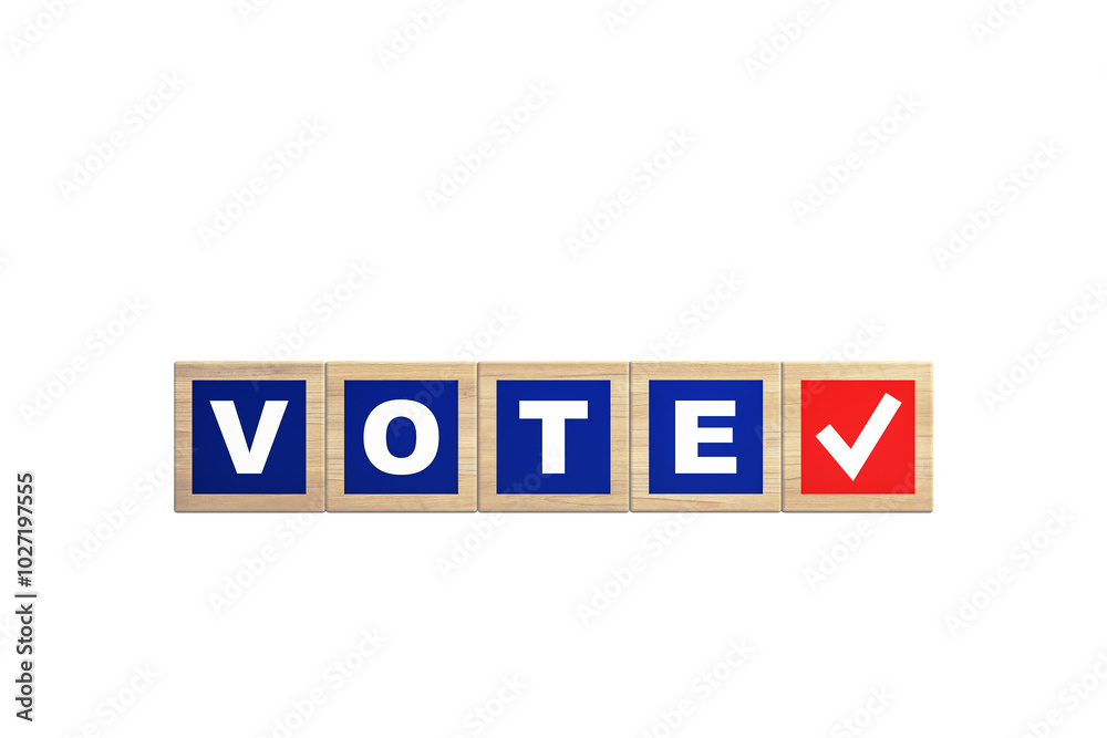 Wooden blocks with word VOTE and checkmark symbol on white background, concept of voting or election. 3D Rendering.