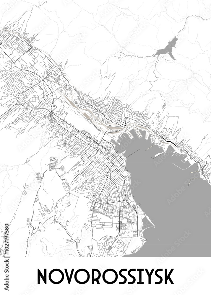 Obraz premium A detailed black and white map of Novorossiysk, a city in Russia, is presented. The map showcases the city's intricate street network, with roads and waterways