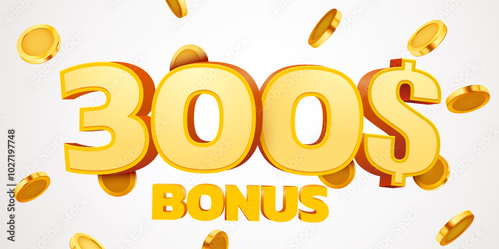 Fototapeta premium 300 dollars bonus with podium and falling golden coins. Cashback or prize concept.