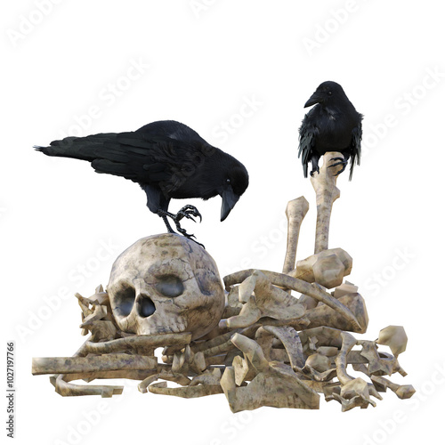 Two black crows sitting on a pile of human bones with a skull. A goth 3D illustration with transparent background. Concept of death and memento mori. 