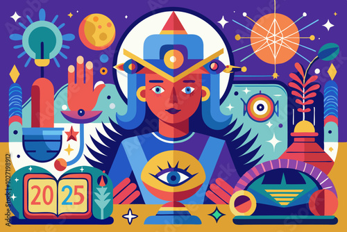 Futuristic fortune teller concept with geometric designs and cosmic elements