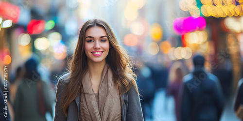 Headshot of the beautiful women on busy street with bokeh of full of people in background.