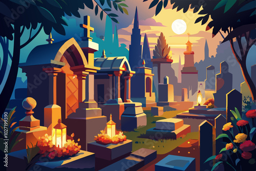 Serene cemetery at sunset for all souls day commemoration and remembrance