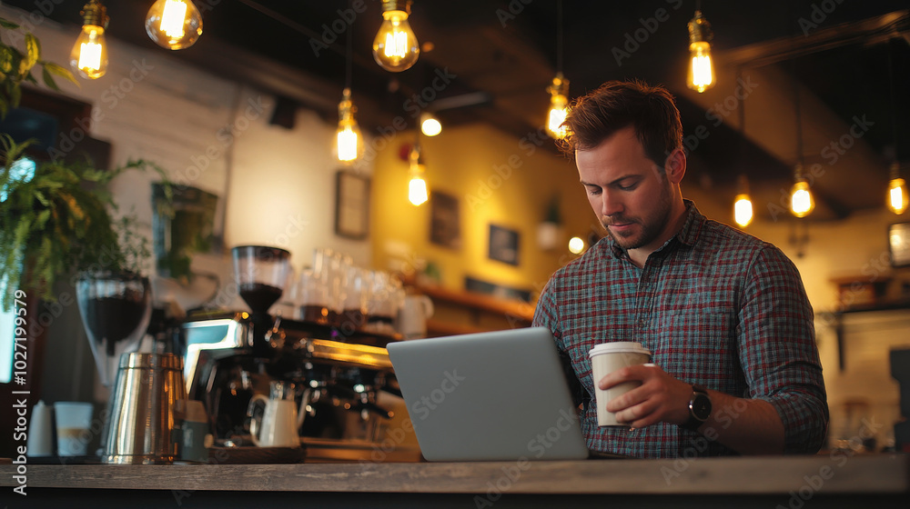 man using laptop while holding coffee cup in warm, cozy coffee shop setting with ambient lighting and relaxed atmosphere man using laptop while holding coffee cup in warm, cozy coffee shop setting with ambient lighting and relaxed atmosphere