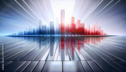 Abstract blue and red city like, glass large lines on a light background; 3D