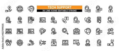 36 Tech Support Line Icons Set Pack Editable Stroke Vector Illustration.