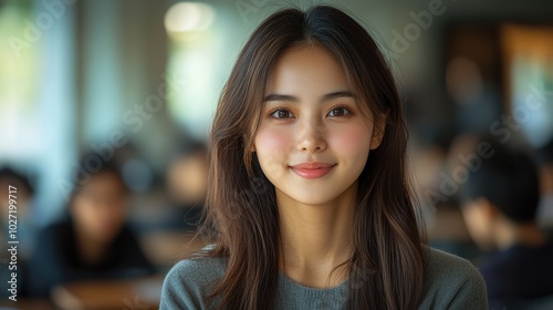 Smiling young woman in casual attire sitting in a bright classroom, ready for a study session, warm and inviting educational environment, modern university setting, cheerful student
