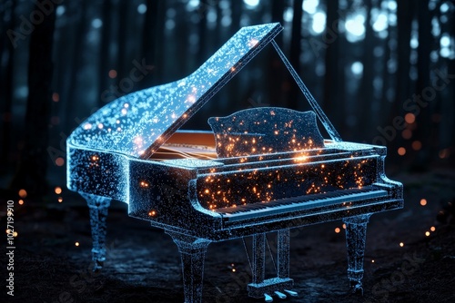 A digital grand piano glows with ethereal light, nestled in a dark forest, creating a magical and serene atmosphere that blends technology with nature seamlessly. photo