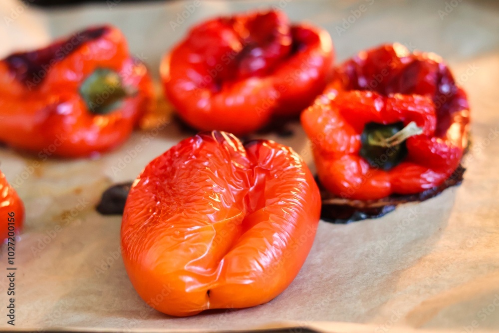 Close-up of red peppers baked in the oven Close-up of red peppers baked in the oven