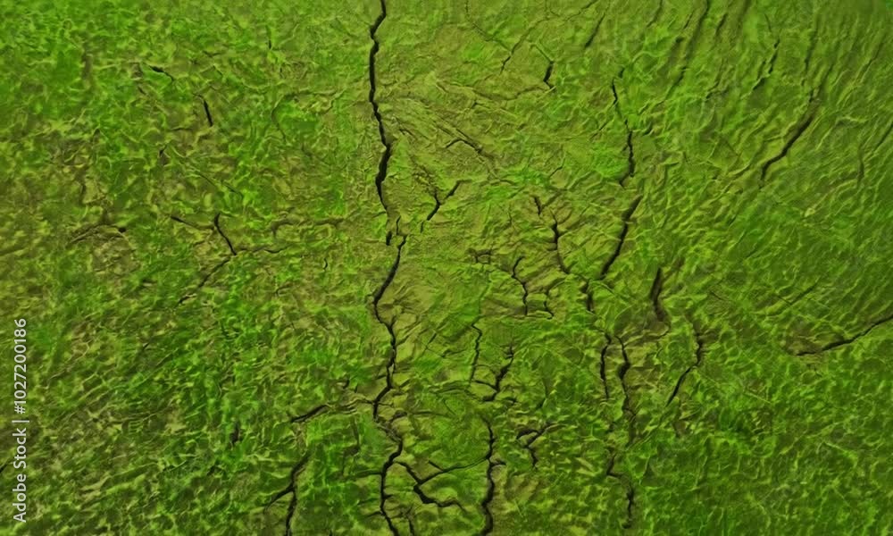 Cracked green ground surface with textured pattern
