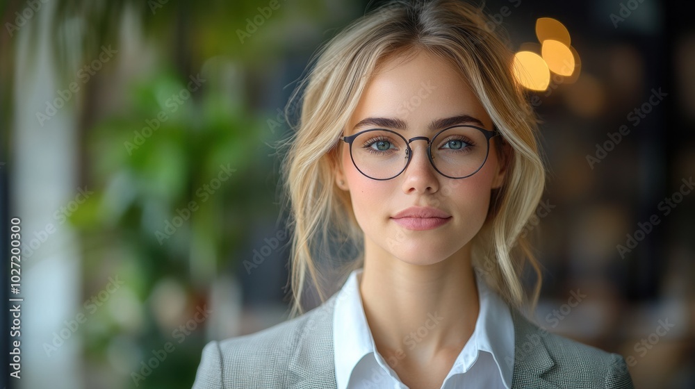 Portrait of confident young businesswoman wearing glasses, professional office environment, intelligent expression, blonde hair, stylish corporate attire, success in career, leadership potential Portrait of confident young businesswoman wearing glasses, professional office environment, intelligent expression, blonde hair, stylish corporate attire, success in career, leadership potential