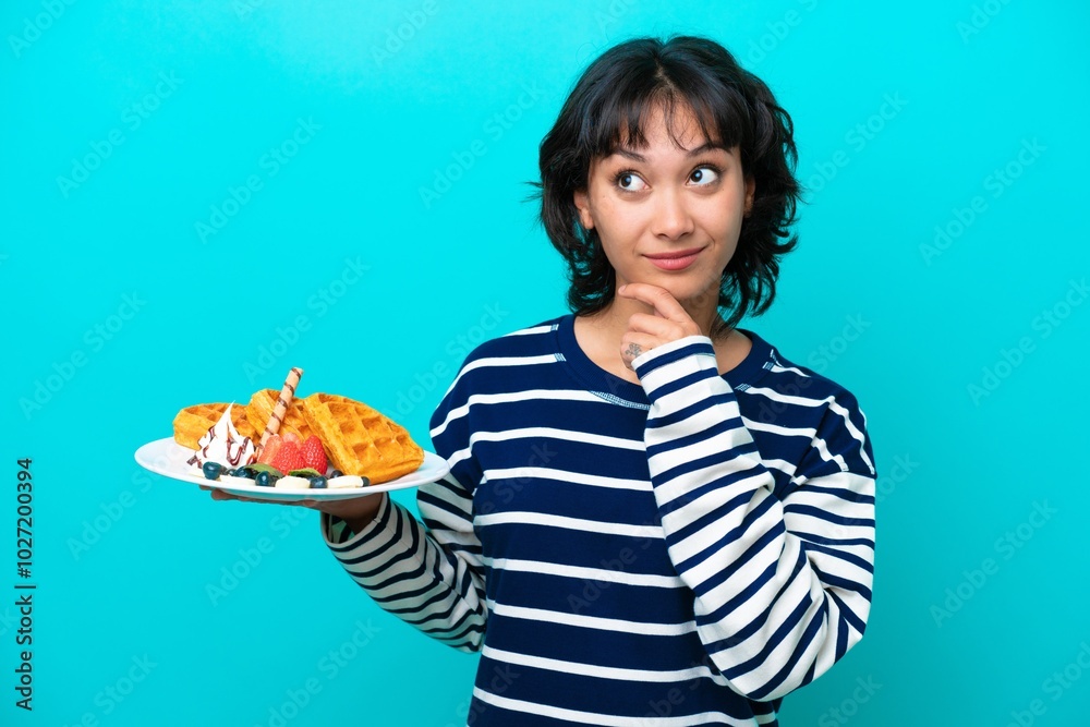 Young Argentinian woman holding waffles isolated on blue background looking up while smiling
