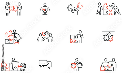 Vector Set of Linear Icons Related to Organization Process, Business Structure. Puzzle and Leadership. Mono line pictograms and infographics design elements - part 3