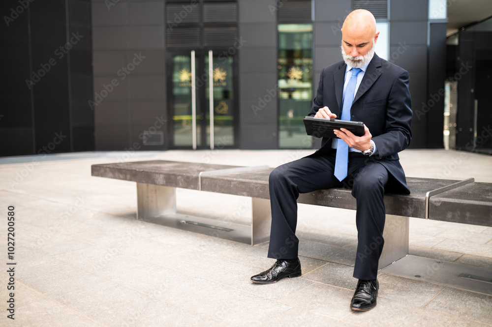 Stylish manager using his tablet sitting on a bench outdoor in a modern city Stylish manager using his tablet sitting on a bench outdoor in a modern city