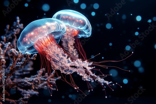 Two ethereal jellyfish with glowing bioluminescence drift gracefully in the ocean, capturing the wonder of marine life and the serene beauty of the aquatic world.