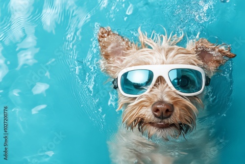 A dog cools off in the pool, sporting sunglasses, creating a playful and relaxed scene that embodies joy and leisure on a sunny day with blue water. photo